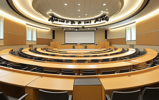 Réhabilitation d'un amphithéâtre dans une école ou un institut, avec des aménagements modernes et fonctionnels pour améliorer l'acoustique, la visibilité et le confort des étudiants et des enseignants.
