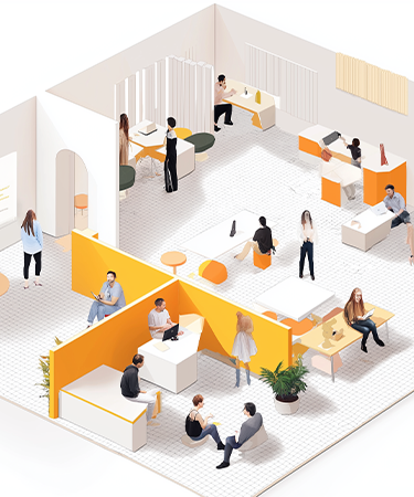Espace collectif dans une école ou un institut de santé, conçu pour favoriser la collaboration et l'interaction entre les étudiants ou les professionnels, avec des aménagements fonctionnels et accueillants.