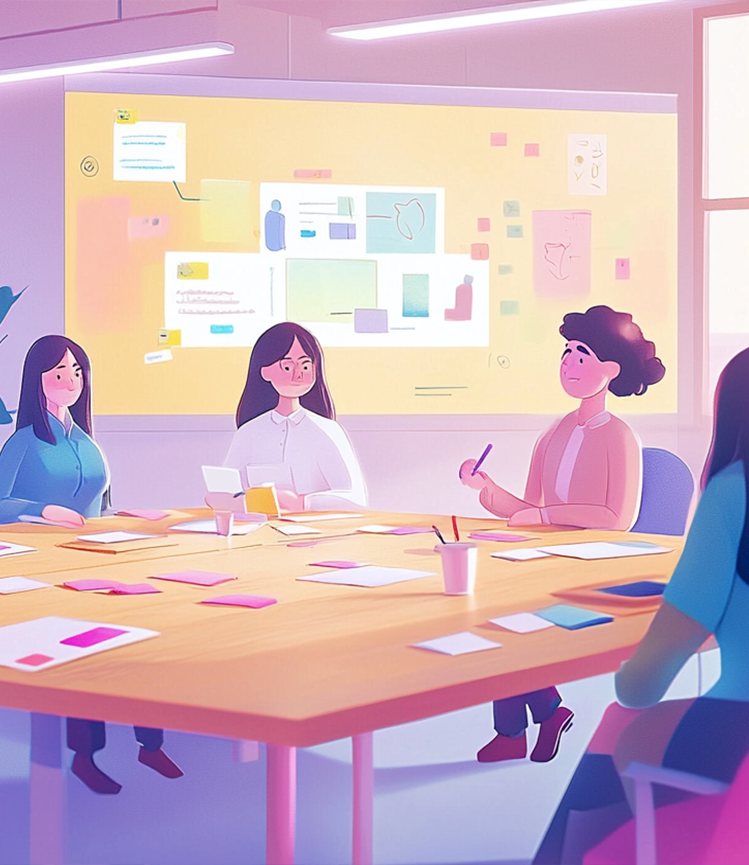 Illustration d'un designer de service utilisant le design thinking et la collaboration lors d'une session d'idéation.