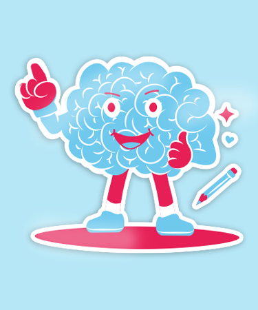 Personnage en forme de cerveau qui donne des conseils à l'enfant