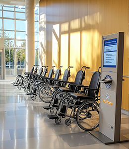 Service de prêt de fauteuil roulant dans un hôpital, avec une borne d'accueil permettant aux patients d'obtenir un fauteuil pour se déplacer facilement dans les différentes zones.