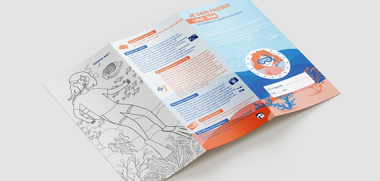 Support d'information ludique et rassurant pour les enfants avant un examen de radiologie, expliquant le processus de manière simple et amusante, avec des illustrations pour apaiser les craintes.